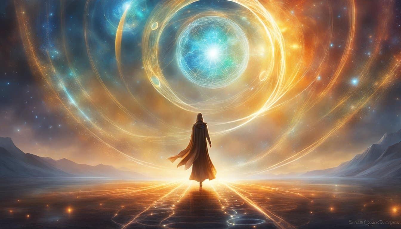 A figure stands at a crossroads, surrounded by glowing orbs and beams of light, as the number 0909 hovers in the air, radiating a sense of balance and spiritual awakening