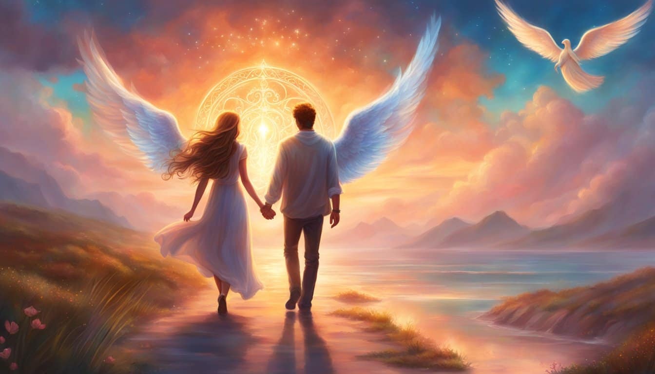 A couple walking hand in hand with angel numbers (1111, 222, 333) appearing as glowing symbols in the sky, symbolizing love and affection in their relationship