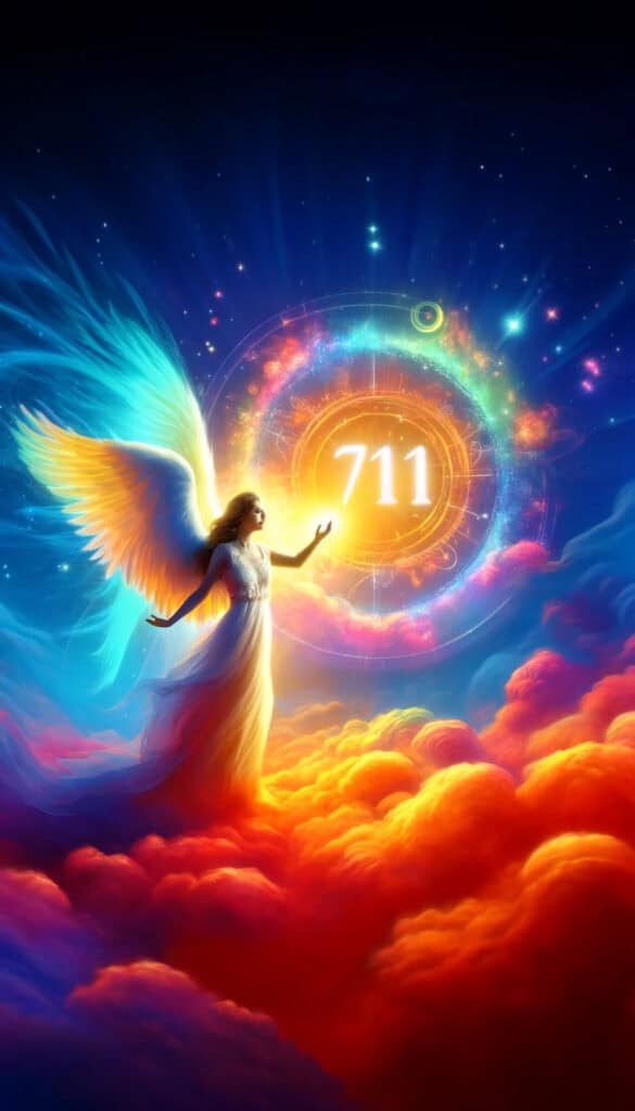 image colorfully representing the positive influences of angel number 711, including a guardian angel. The scene vividly incorporates the number "711", creating an atmosphere of hope, optimism, and divine guidance.