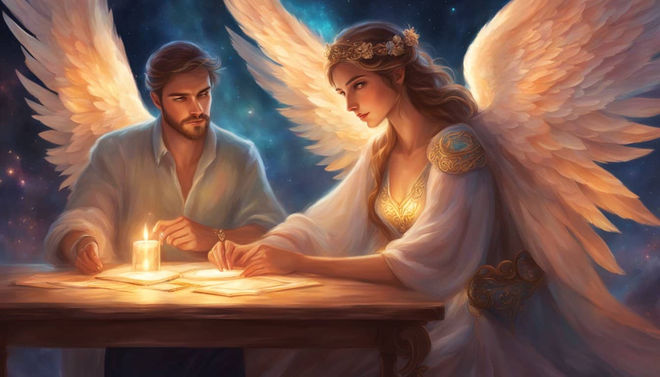 A couple sits at a table, surrounded by angel number symbols. They hold hands, gazing into each other's eyes with love and understanding