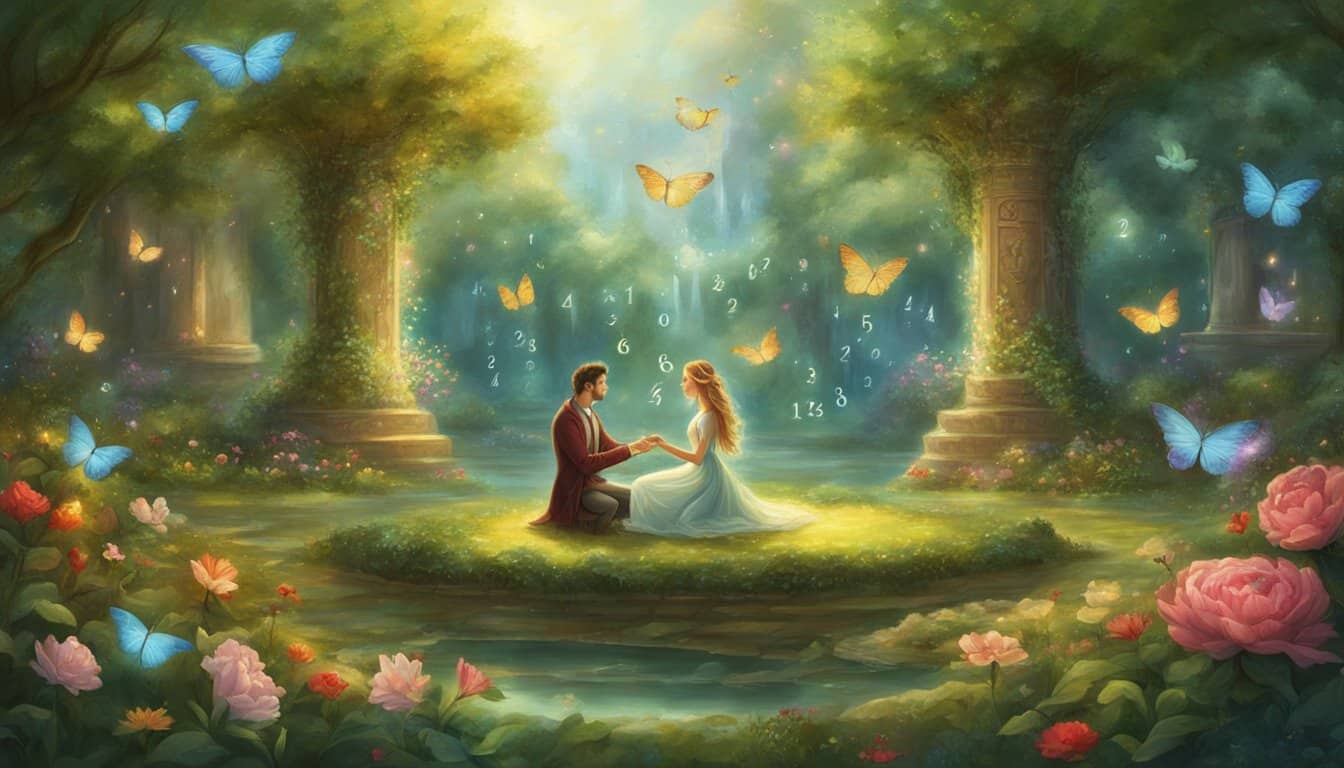 A tranquil garden with numbers floating in the air, surrounded by symbols of love and connection. A couple sits in the center, their energy intertwined with the numbers