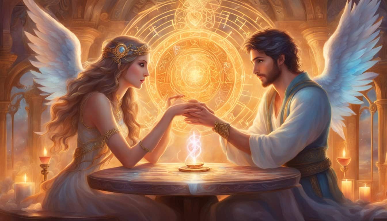 A couple sits at a table, surrounded by angelic symbols and numbers. They hold hands, gazing into each other's eyes, as love and harmony radiate around them