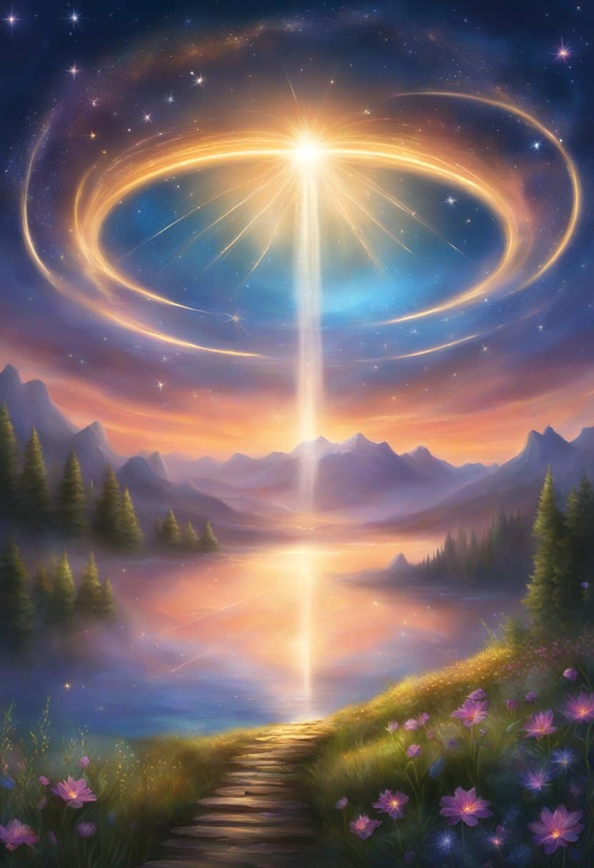 A glowing halo hovers over a serene landscape, with shooting stars streaking across the sky. The number 1176 is illuminated in the heavens, surrounded by a sense of hope and fulfillment