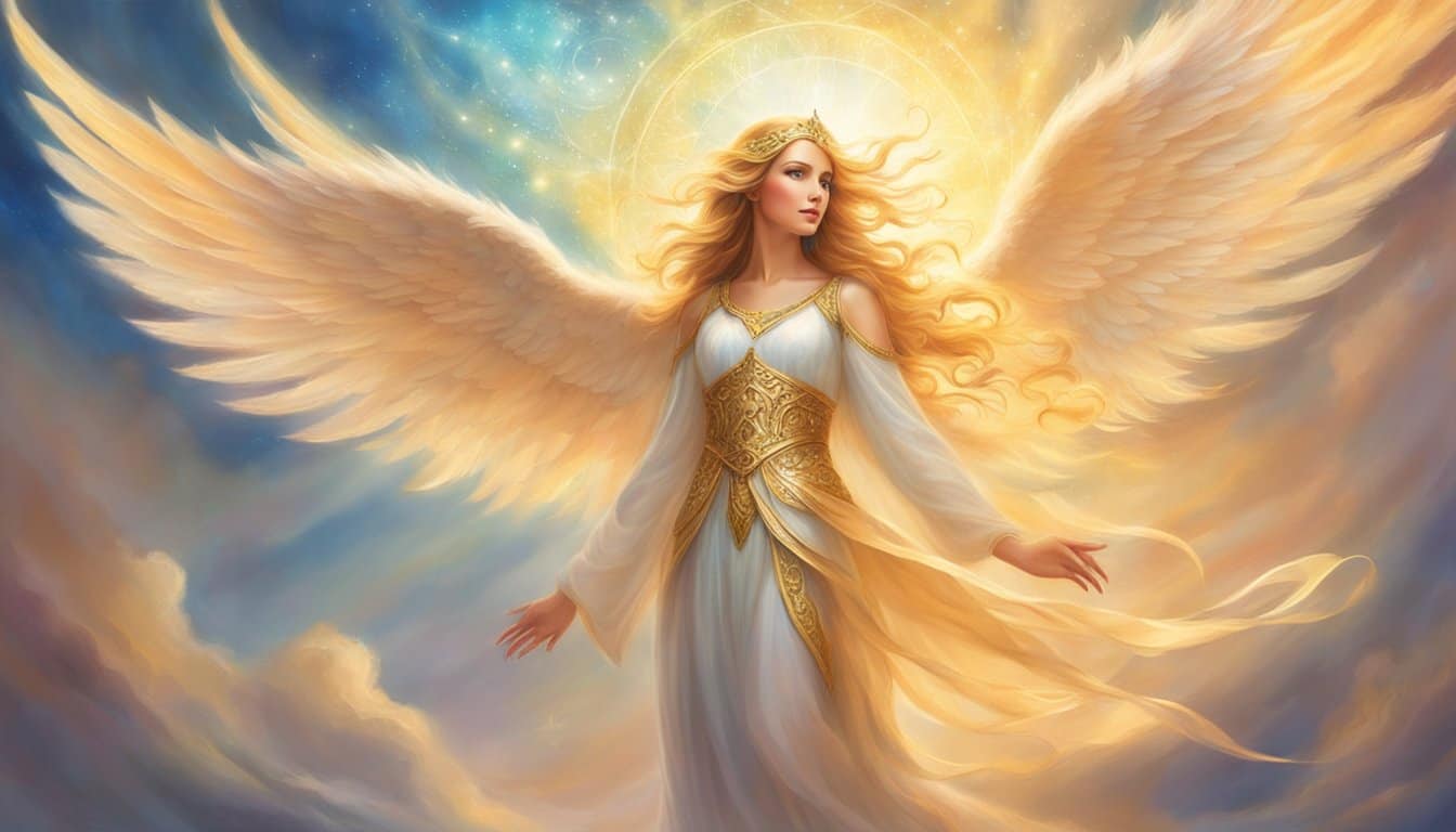 A glowing angelic figure hovers above, radiating light and warmth, while gently guiding and encouraging those below