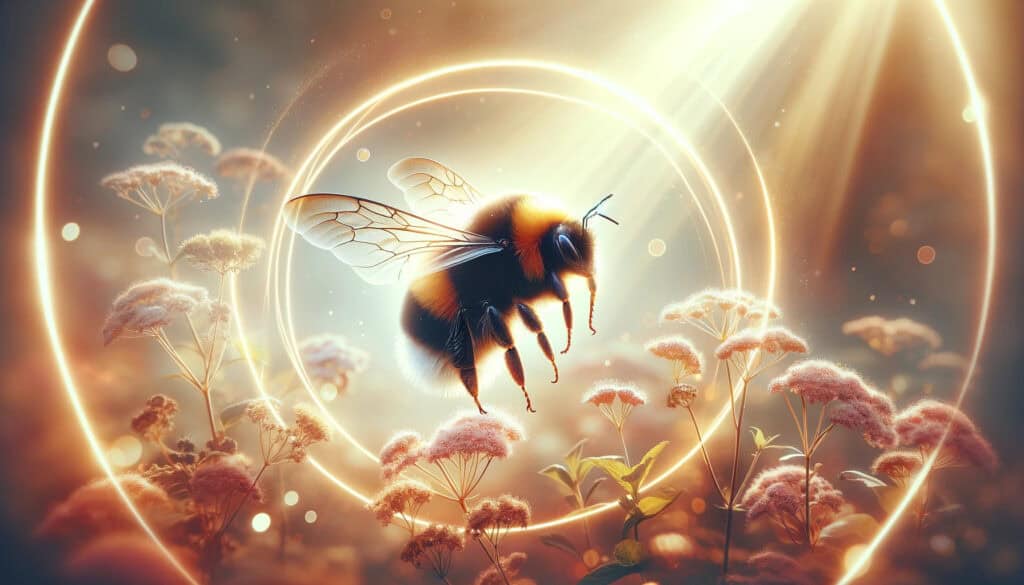 image capturing the spiritual meaning of a bumblebee. The bumblebee is depicted vibrantly, surrounded by a halo of soft, radiant light within a dreamy garden setting, symbolizing growth, community, and perseverance.