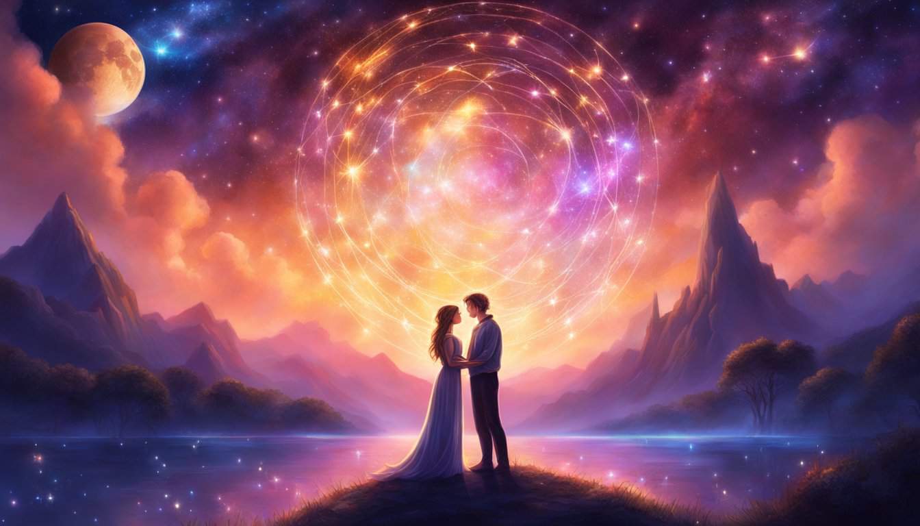 A couple standing under a starry night sky, surrounded by the glow of four glowing zeros, with a feeling of love and connection between them