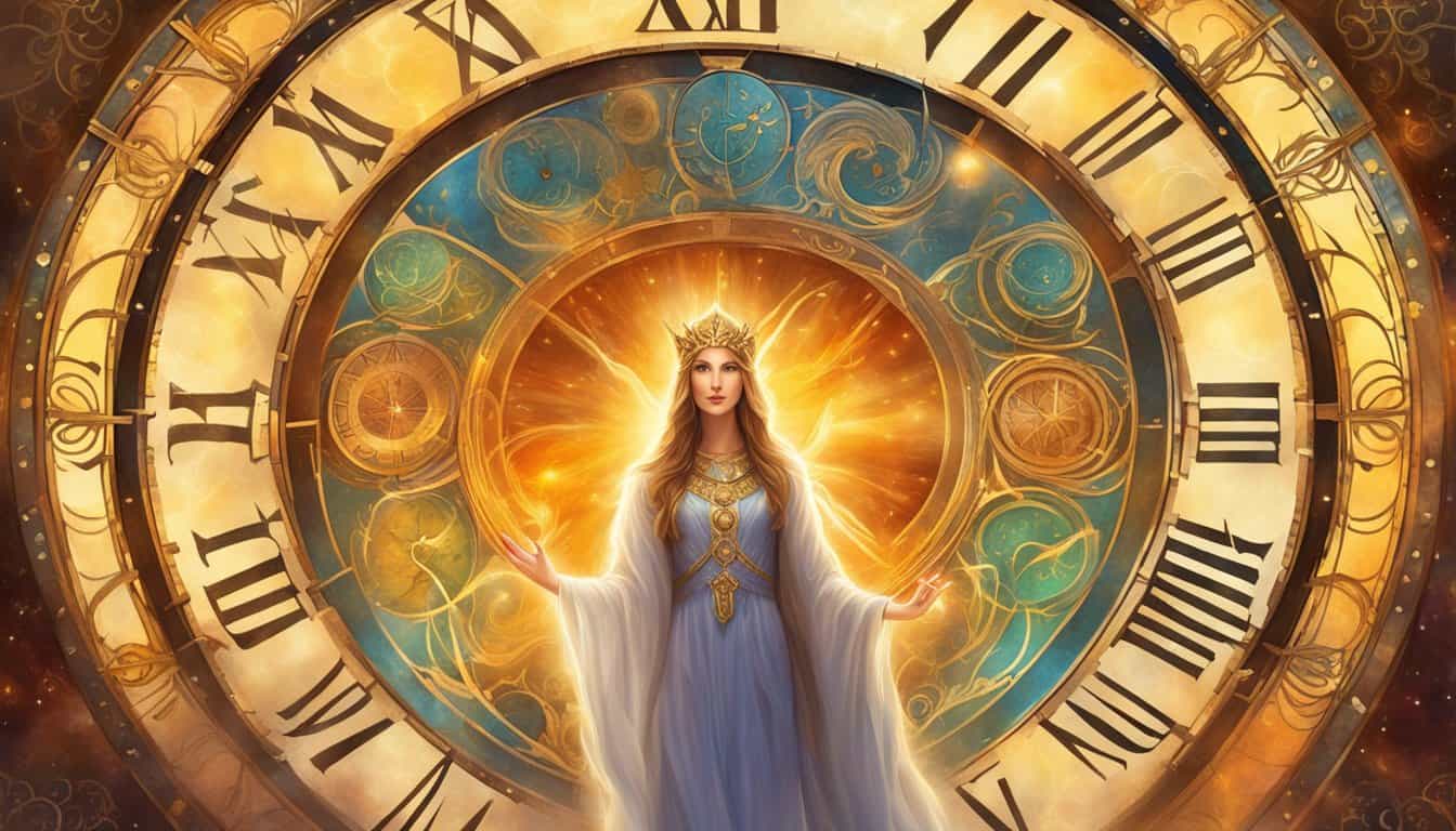 A glowing, ethereal figure hovers above a clock displaying the numbers 0404, surrounded by celestial symbols and a sense of divine guidance