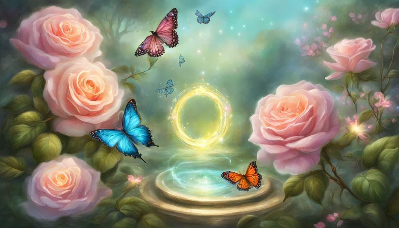 A serene garden with four blooming roses and four butterflies, surrounded by a ring of four glowing orbs, symbolizing angel number 0404