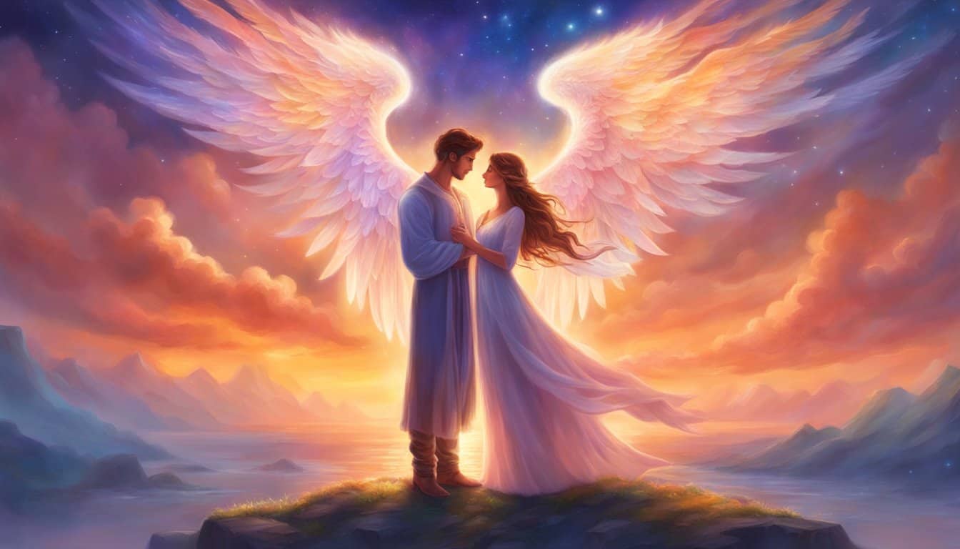 A couple stands beneath a glowing 1211, symbolizing the significance of love and relationships. The angel number radiates warmth and harmony, enveloping the couple in a sense of divine connection