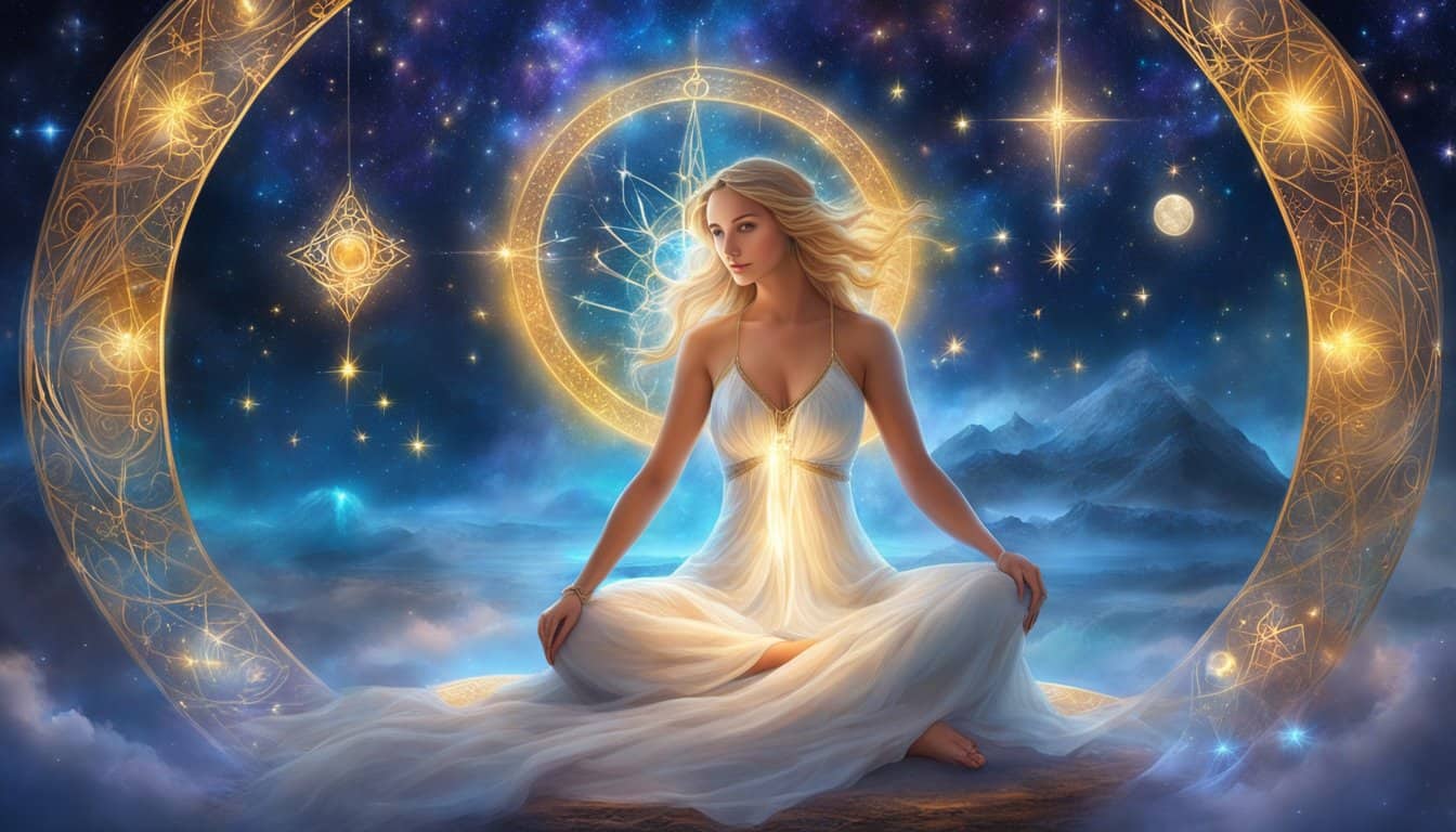 A serene figure meditates under a starry night sky, surrounded by symbols of guidance and enlightenment. The number 1151 glows with ethereal energy, illuminating the figure's path towards their life purpose