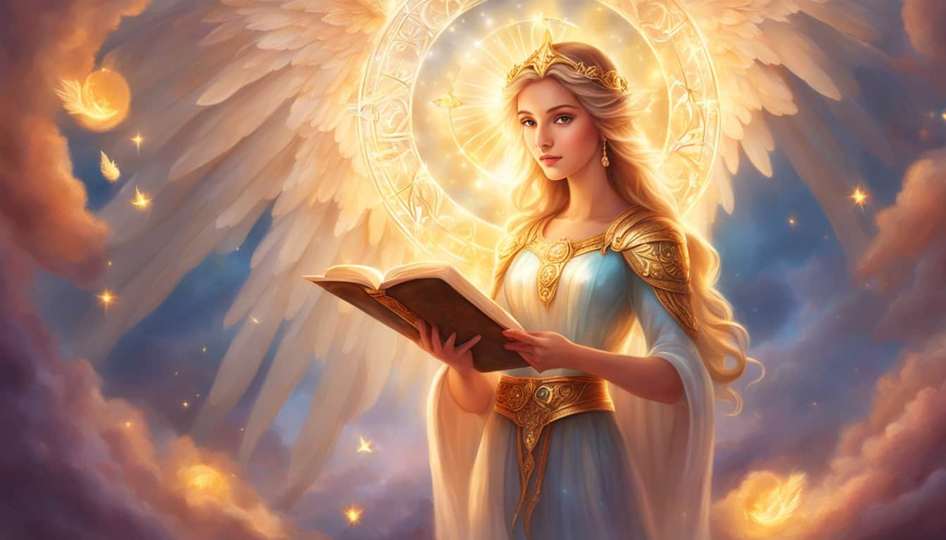 A radiant angel holding a scroll with the number 1151 surrounded by glowing light and symbols of wisdom and guidance