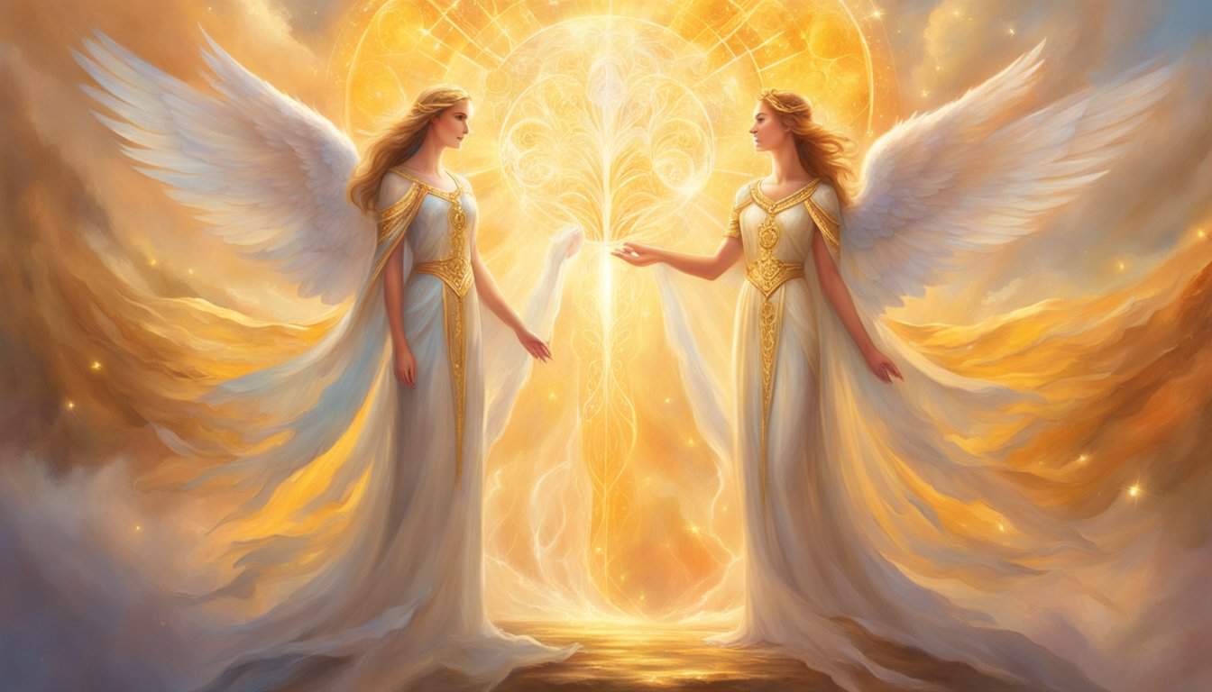 Two angelic figures stand side by side, surrounded by the number 33 repeated in a radiant golden light
