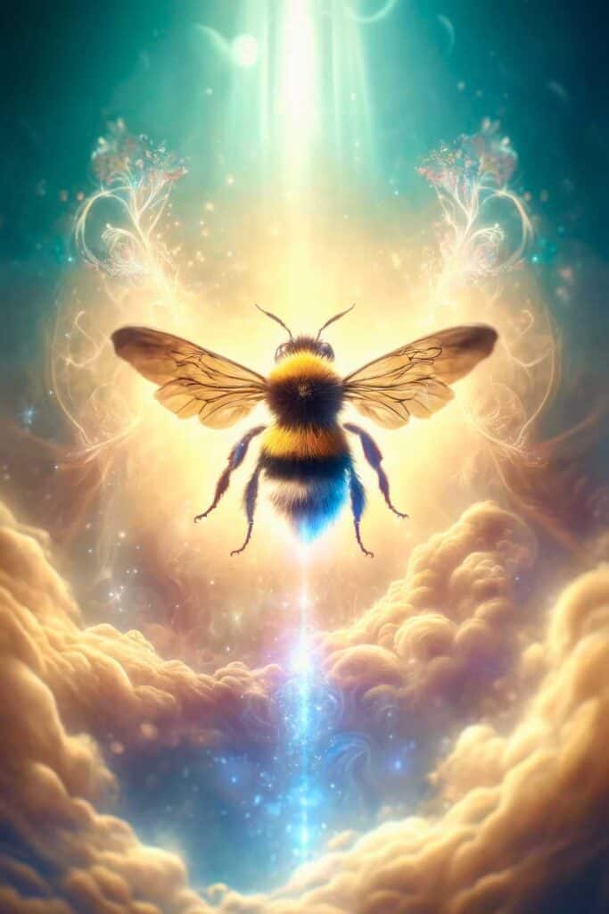 image featuring a bumblebee as a spirit animal. The bumblebee is depicted in a detailed and majestic manner against a mystical and ethereal background, emphasizing its spiritual significance and symbolic nature.