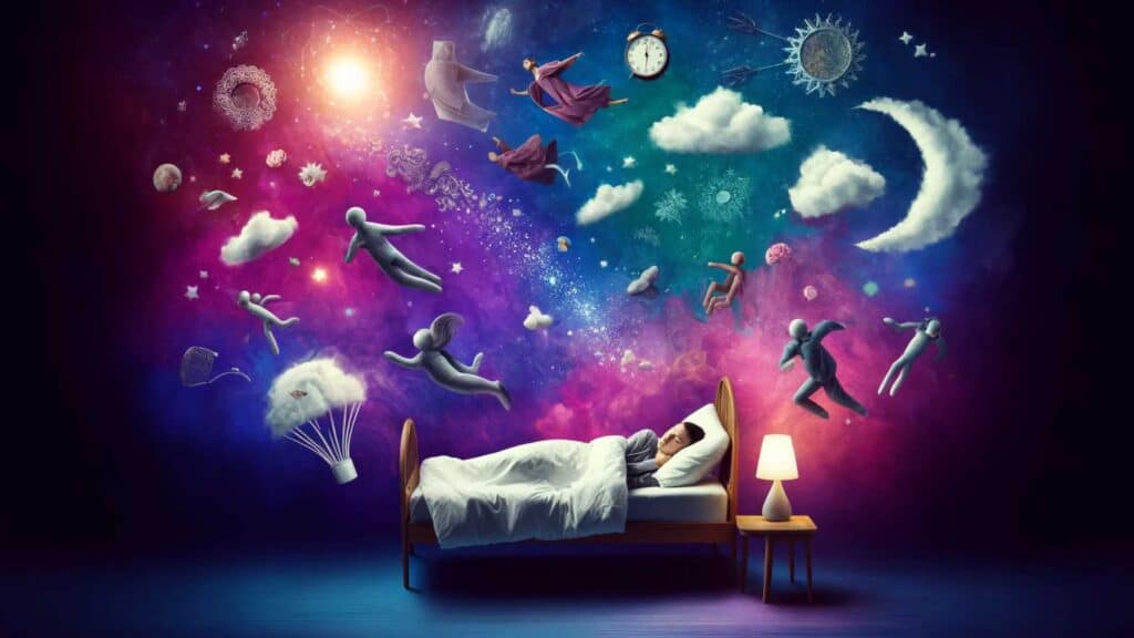 photo depicting a person sleeping in bed, surrounded by various dream symbols like flying, falling, and being chased. The scene is surreal and dreamlike, with vibrant colors and a whimsical, mysterious atmosphere.