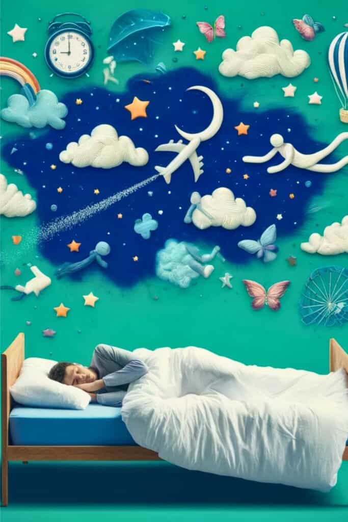 a man sleeping in bed having dreams about flying