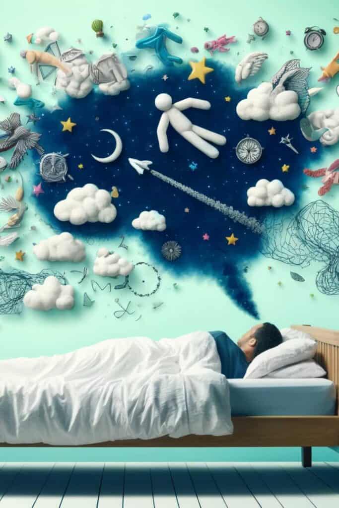 a person sleeping in bed, surrounded by various dream symbols like flying, falling, and being chased. The scene is designed to be surreal and dreamlike, with vibrant colors and a sense of whimsy and mystery.