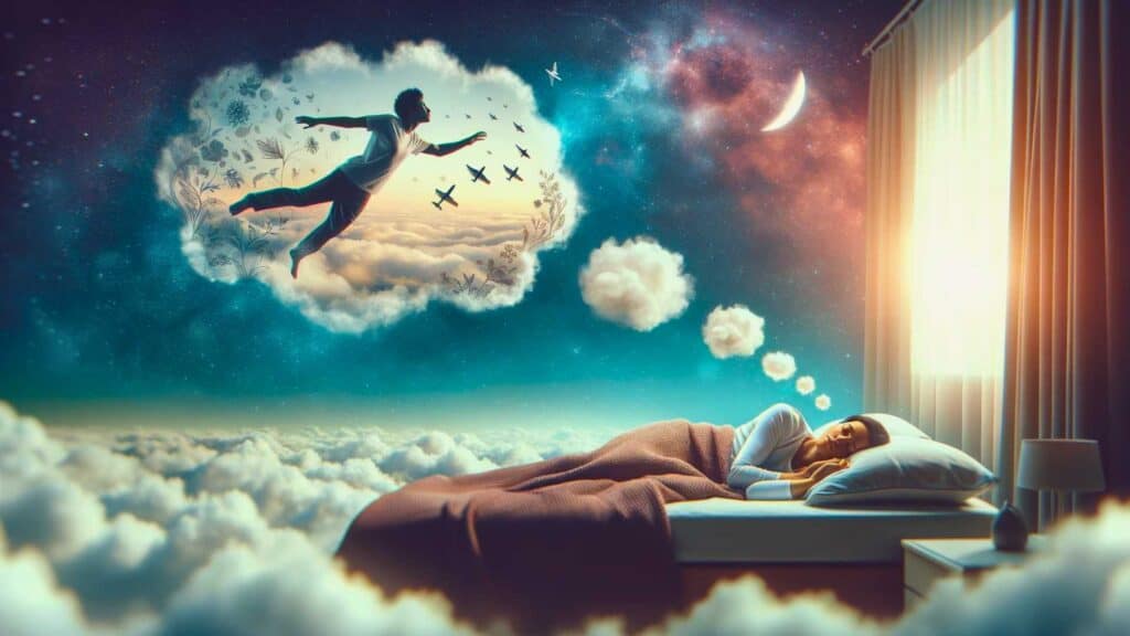 photo of a person sleeping in bed while dreaming about being able to fly, with the bed horizontally oriented within the frame. The scene captures a surreal, dreamy atmosphere with the person peacefully sleeping and dream-like images around them, depicting flying through the sky. The background is filled with soft, ethereal colors to convey the lightness and freedom associated with flying in dreams.