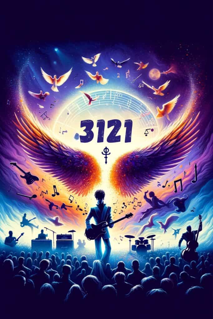 Angel Number 3121 and its significance to Prince, the singer. The image prominently features the number "3121" along with elements symbolizing Prince, such as musical notes and a vibrant, artistic background reflecting his unique style and spiritual connection.