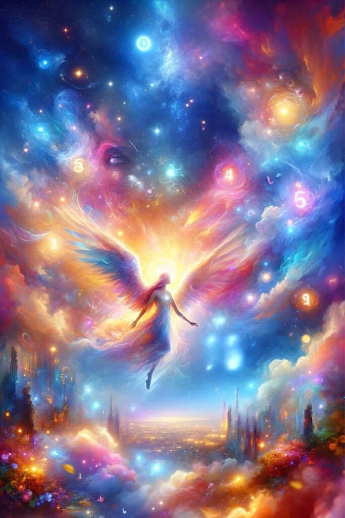 The image features a colorful and ethereal scene with vibrant celestial elements, creating a visually uplifting and inspiring atmosphere for spiritual themes.