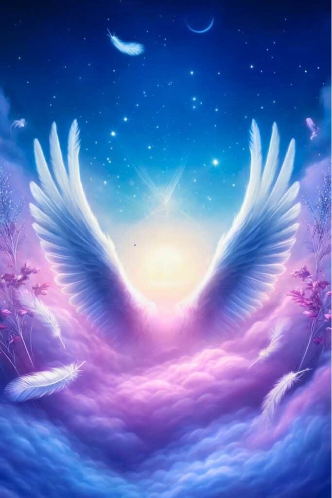 9:16 format with stronger colors and no numbers for your article titled "The meaning of angel number 1122." The image features a deep blue and lavender gradient, along with feathers, subtle angel wings, and a starry sky to create a serene and mystical atmosphere. I hope this meets your needs!