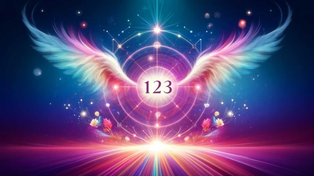  the meaning of angel number 123. The image features a gradient background, glowing numbers, angelic wings, geometric patterns, and nature elements, all blending to create a dreamy and mystical atmosphere.