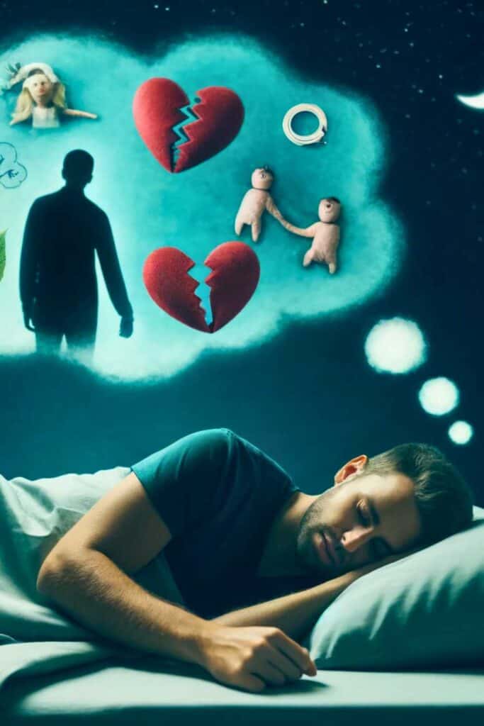 A man in bed with thought bubbles or dream-like images around them, showing symbols of infidelity such as a partner with someone else, a broken heart, or distressing emotions. The background has a surreal and slightly dark atmosphere to convey the troubling nature of the dream.