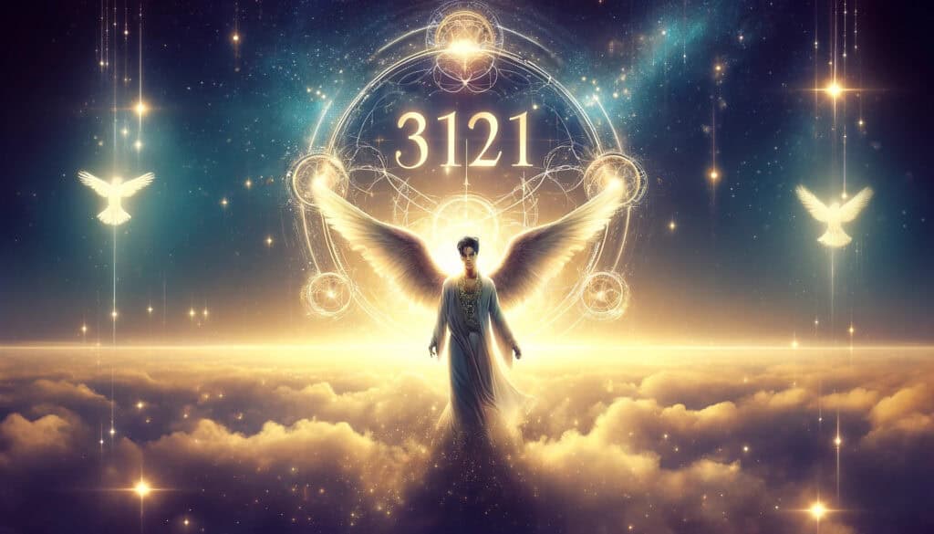 Angel Number 3121 and its significance to Prince the singer. The number "3121" is prominently displayed along with a guardian angel in an ethereal and inspiring scene, conveying a sense of spiritual connection and guidance.