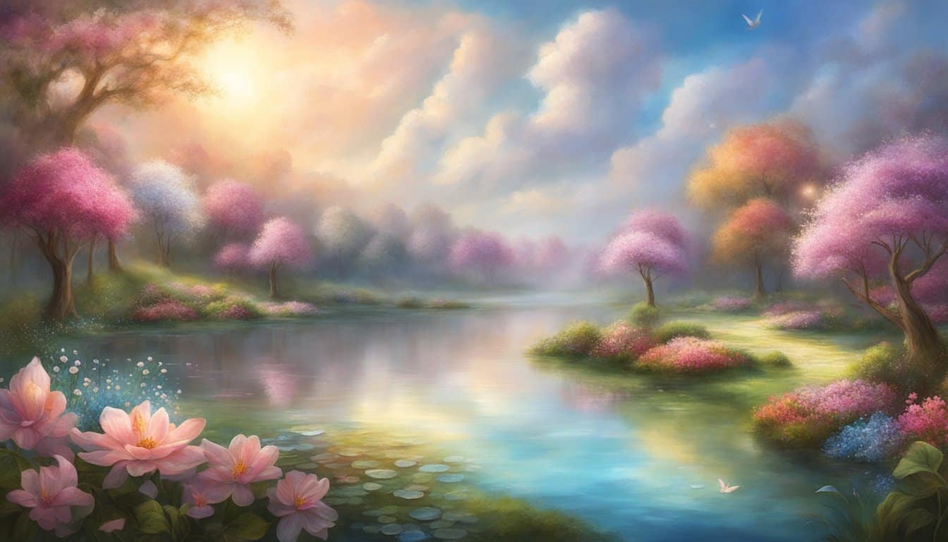 A serene garden with blooming flowers, a peaceful pond, and a clear sky with the number 1022 formed by clouds