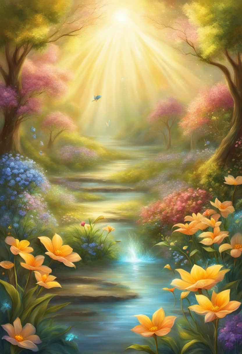 A serene garden with 11 blooming flowers, each with a distinct number, surrounded by rays of golden light, symbolizing good luck and prosperity