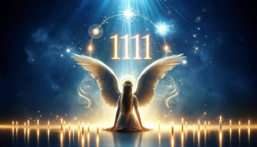 Angel Number 1111 and its significance in change and personal transformation. The image prominently features the number "1111" along with a guardian angel, set in an ethereal and inspiring scene that conveys spiritual awakening and guidance.