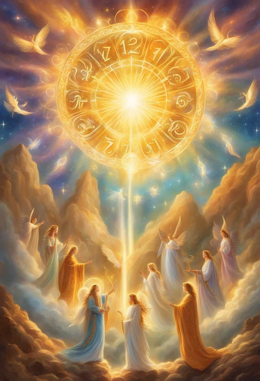 A bright, celestial scene with four repeating "1111" numbers surrounded by glowing angelic figures, radiating luck and prosperity