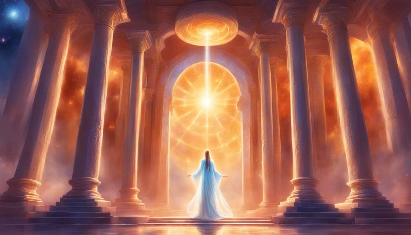 A glowing celestial figure stands before a doorway, surrounded by four pillars, each inscribed with the numbers 1, 0, 4, and 4