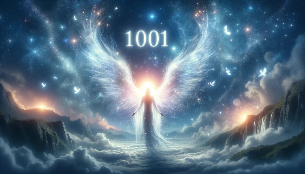 The image is ethereal and inspiring, prominently featuring the number "1001" along with celestial elements like glowing lights and stars to evoke a sense of spiritual awakening and new beginnings.