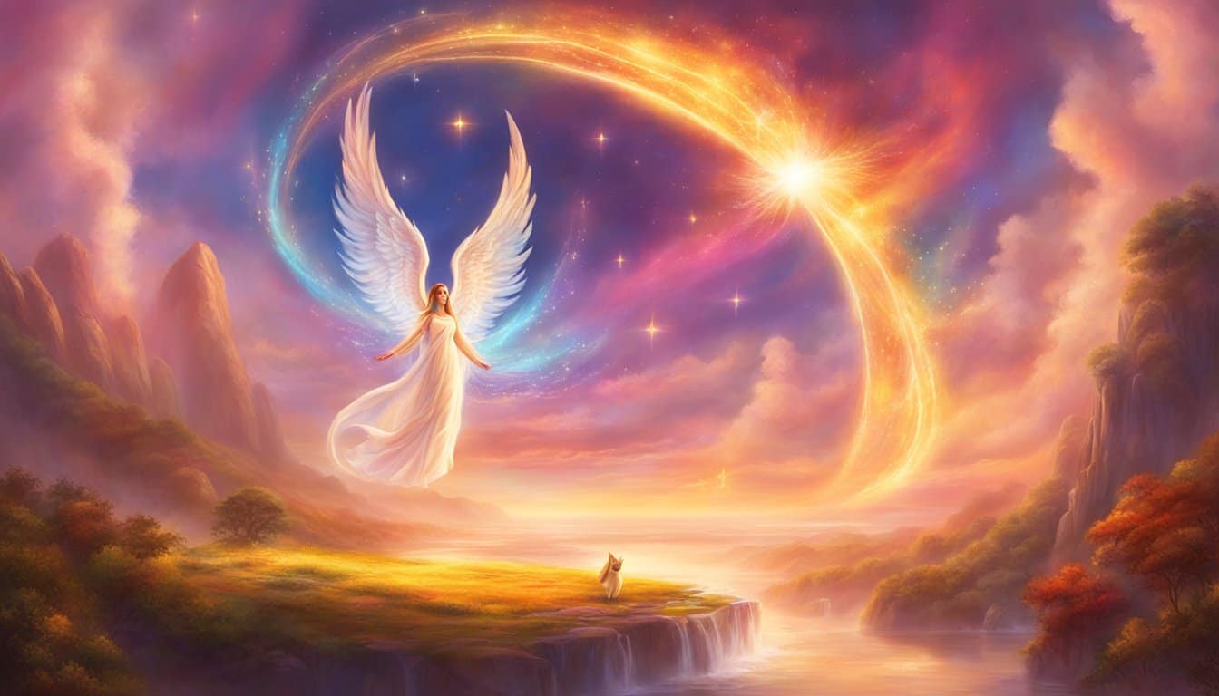 The scene depicts a glowing 1044 angel number surrounded by vibrant energy, radiating light and positivity