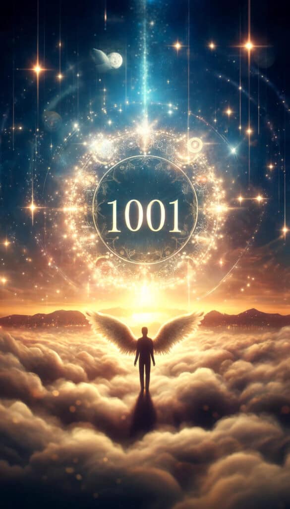 The pinterest image is ethereal and inspiring, with the number "1001" prominently displayed and surrounded by celestial elements like glowing lights and stars, conveying a sense of spiritual awakening and new beginnings.

