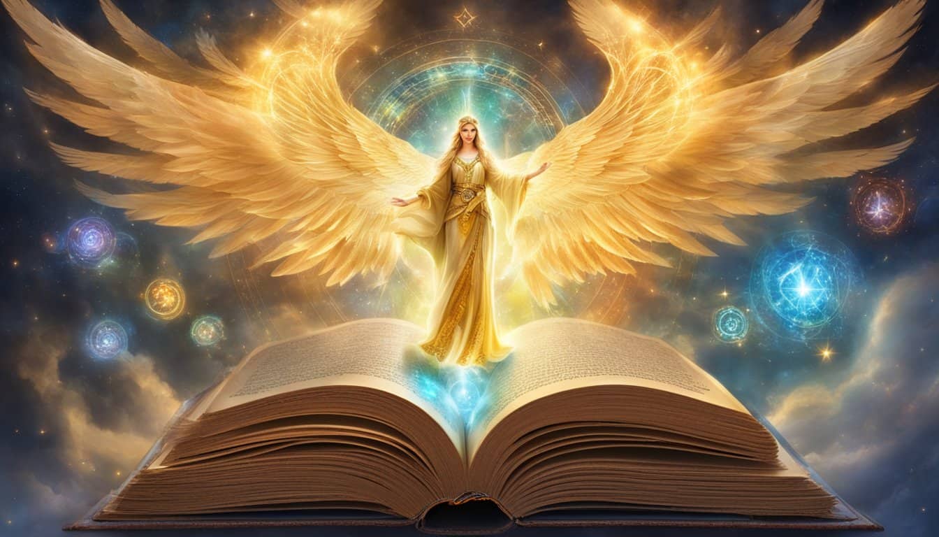 A glowing angelic figure hovers above an open book, radiating wisdom and guidance. The number 1044 is illuminated, surrounded by symbols of learning and growth