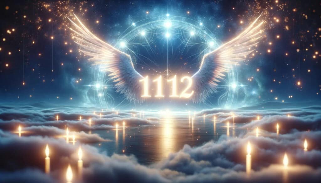 The scene is ethereal and uplifting, featuring celestial elements and the number "1112" prominently displayed, evoking feelings of spiritual guidance and new beginnings.