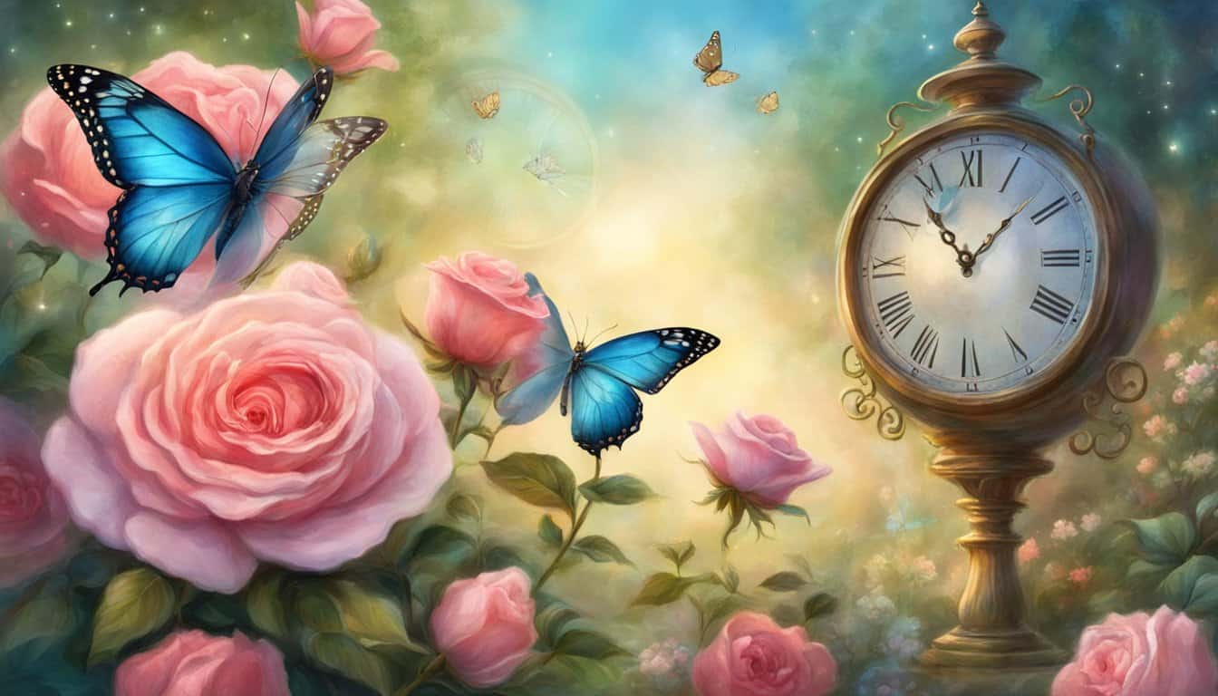 A serene garden with four blooming roses, a butterfly, and a clock showing 10:44, with the number 1044 subtly hidden in the background