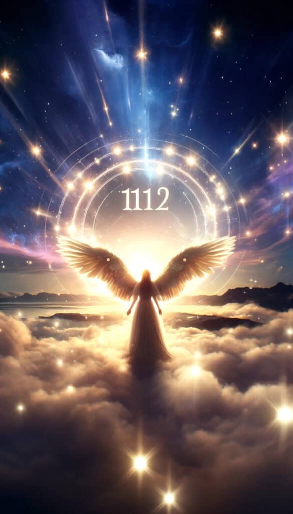 the angel number 1112. The image is ethereal and uplifting, featuring celestial elements and an angelic figure, conveying feelings of spiritual guidance and new beginnings without displaying any numbers.