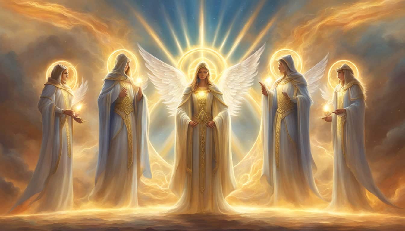 A glowing halo of light surrounds the number 6666, with four angelic figures standing in each corner, radiating divine energy