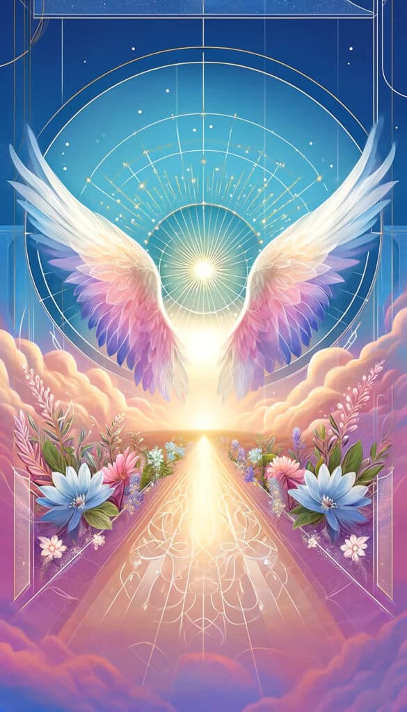 image in 9:16 format, designed to reflect the themes of new beginnings and spiritual growth without any numbers. It features a soft gradient background with angel wings and a path leading to a radiant light, framed by delicate flowers and subtle geometric patterns. The colors and elements convey a sense of serenity and positive transformation.