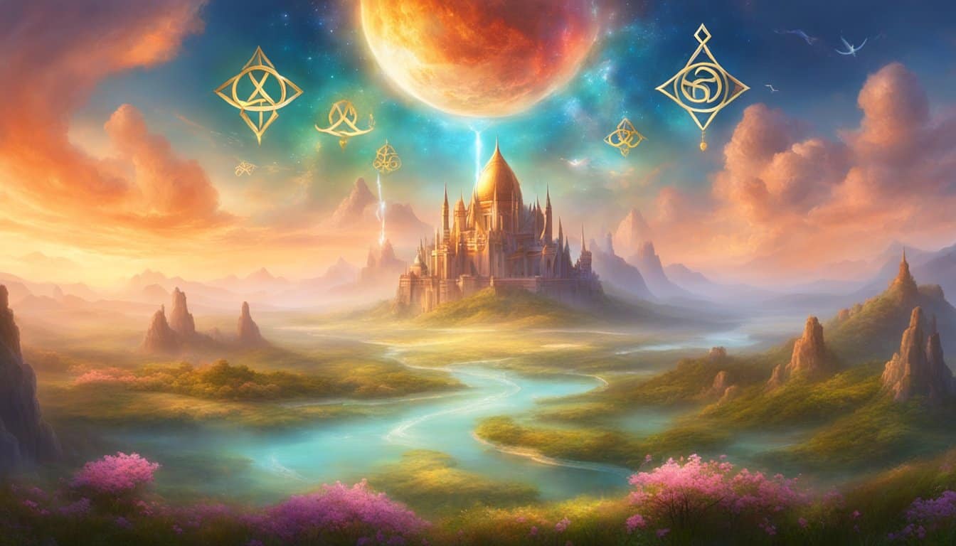 A serene landscape with four prominent 6666s floating in the sky, surrounded by symbols of guidance and protection