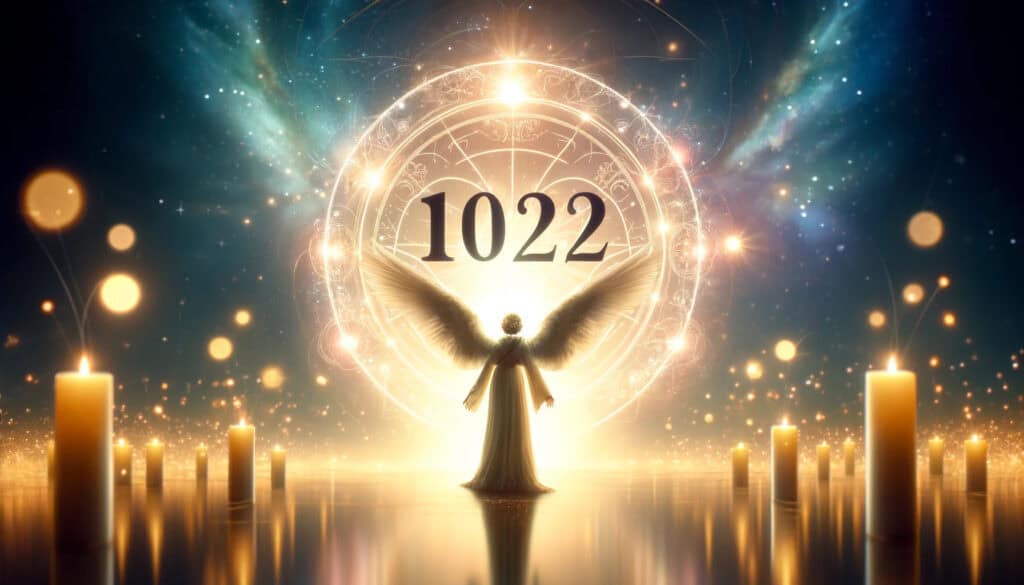 Angel Number 1022, symbolizing encouragement and support for personal growth and achievement. The image prominently features the number "1022" along with a guardian angel, set in an ethereal and inspiring scene that conveys spiritual guidance and support.