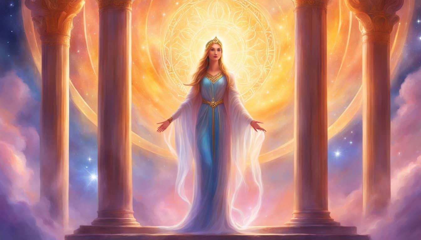 A bright, celestial figure stands amidst four pillars, each marked with the number 1111. A radiant glow emanates from the figure, creating a sense of divine presence