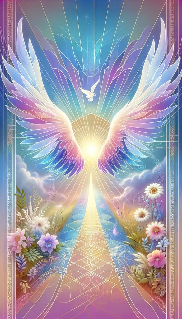 vibrant 9:16 image, designed with themes of new beginnings and spiritual growth. It features a gradient background with translucent angel wings and a path leading to a radiant light, framed by delicate flowers and subtle geometric patterns.