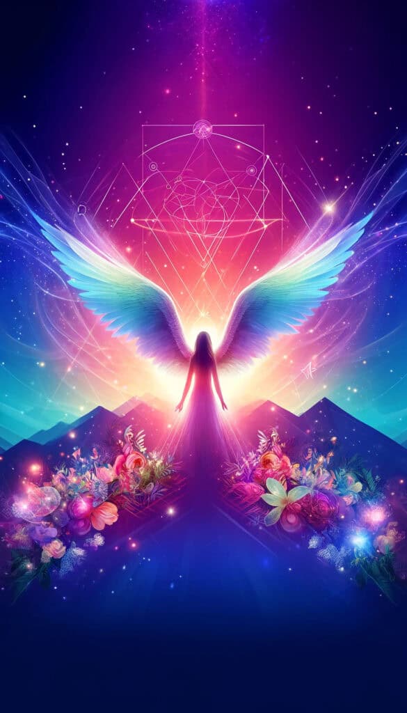 image in a 9:16 format without any numbers, inspired by the theme of angel number 123. It features a gradient background, angel wings, and mystical elements like geometric patterns, glowing orbs, stars, and flowers to create a dreamy and tranquil atmosphere.