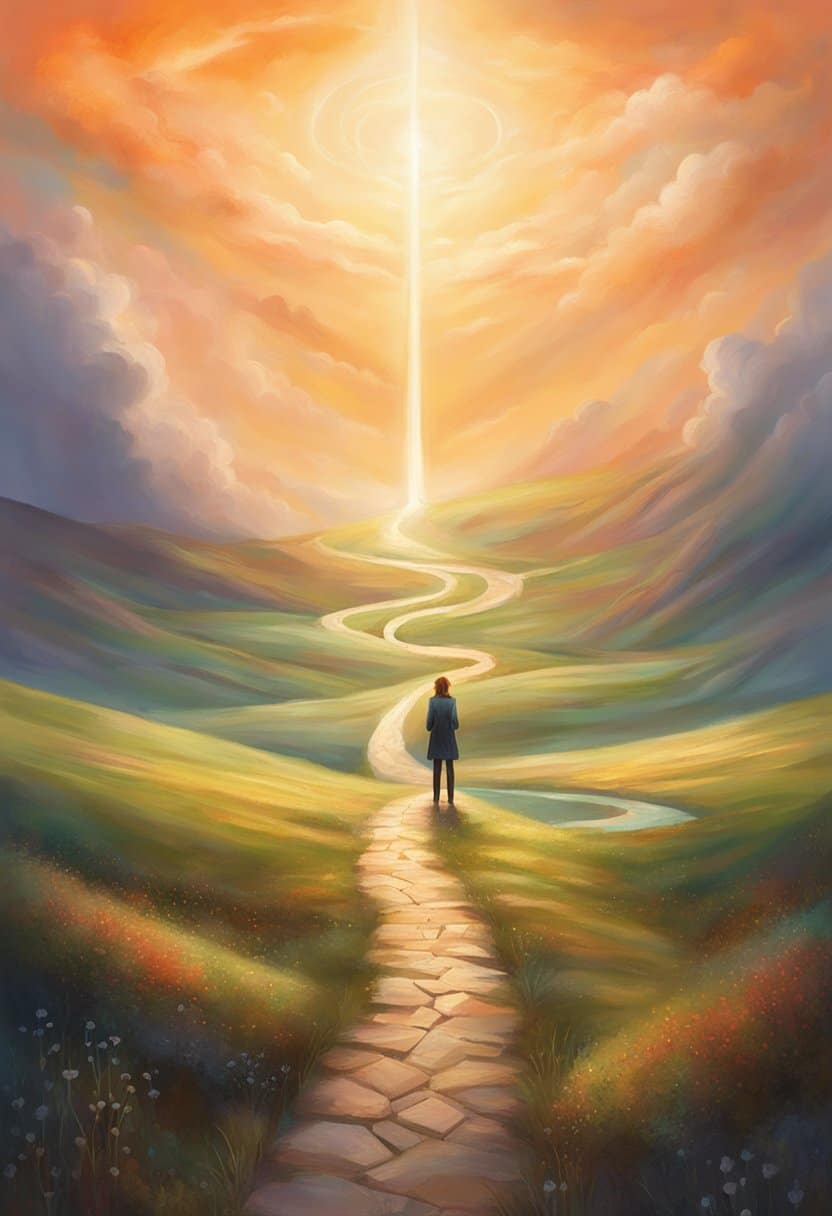 A person standing at a crossroads, with one path leading to a bright, idyllic scene symbolizing fidelity, and the other path leading to a dark, ominous scene representing infidelity