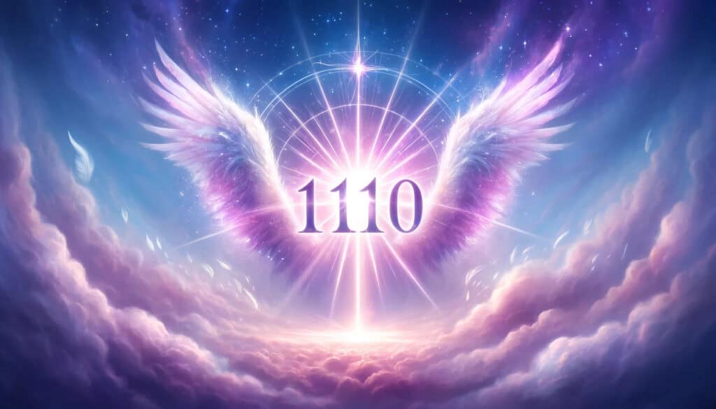 16:9 format with higher contrast. It now features a more vibrant and mystical background, with a glowing '1110' in the center, surrounded by bright, ethereal light rays and symbolic elements like feathers, angel wings, and a starry sky.