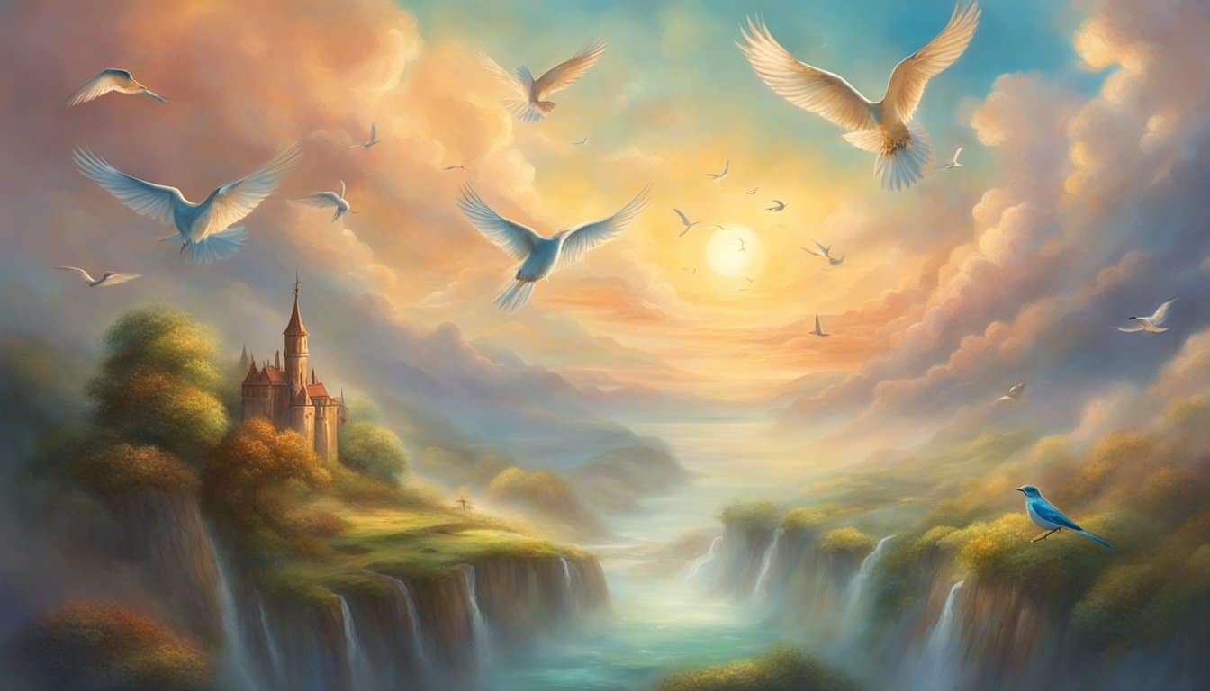 A serene landscape with birds soaring through the sky, clouds, and a sense of freedom and weightlessness