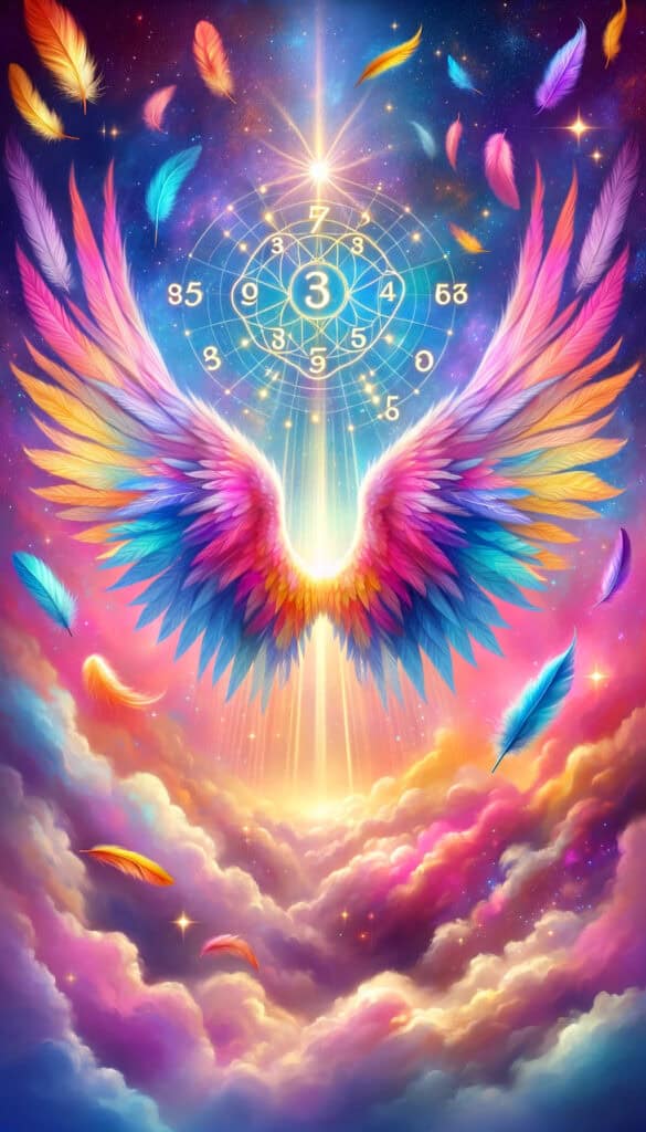 a high-contrast image in a 9:16 format with a colorful, mystical background. This version excludes any numbers and features vibrant pastel colors, including pink, purple, blue, and yellow, along with symbolic elements like feathers, angel wings, and a starry sky to evoke a sense of spirituality and divine presence.